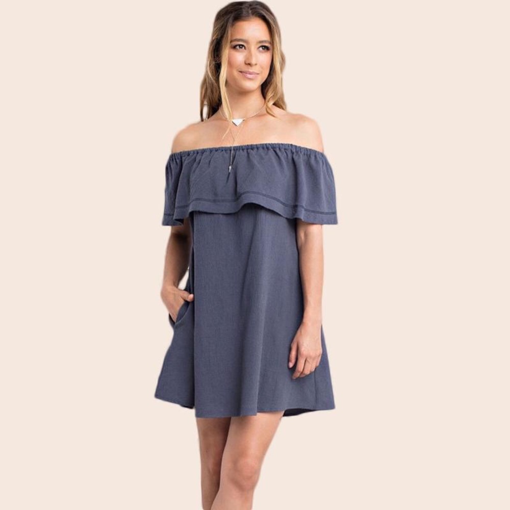 Off The Shoulder Ruffle Mini Shift Dress With Pockets